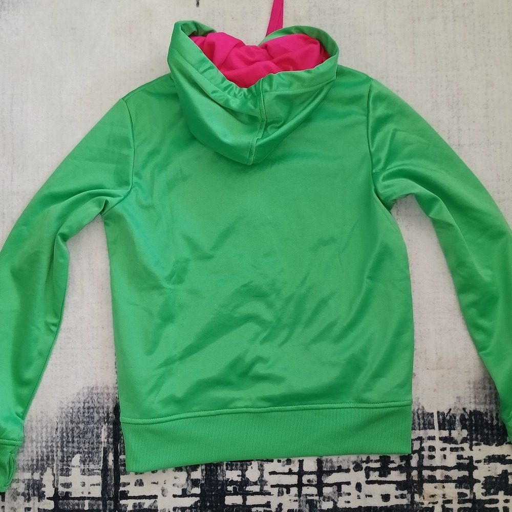 Fila Hoodie Womens XS Green Excellent Pullover Logo Athletic Pocket Pink Accent - Picture 2 of 4